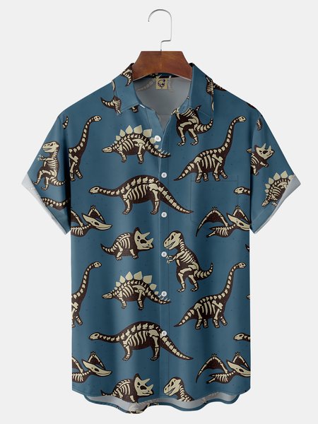 

Dinosaur Chest Pocket Short Sleeve Casual Shirt, Blue, Men Shirts