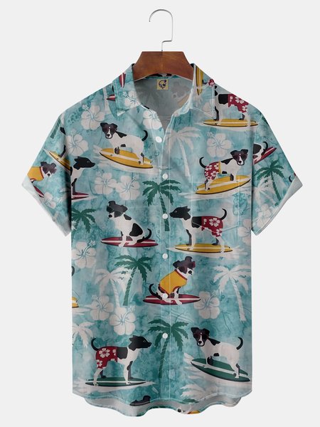 

Surfing Dogs Chest Pocket Short Sleeve Hawaiian Shirt, Blue, Men Shirts