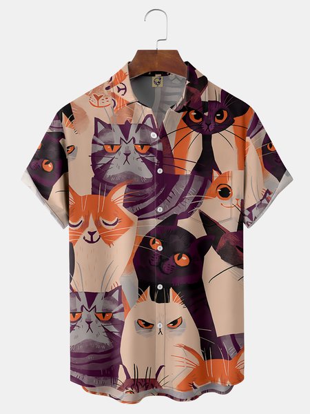 

Cat Chest Pocket Short Sleeve Casual Shirt, Apricot, Men Shirts