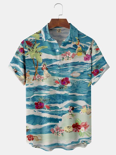 

Hula Skirt Chest Pocket Short Sleeve Hawaiian Shirt, Blue, Men Shirts