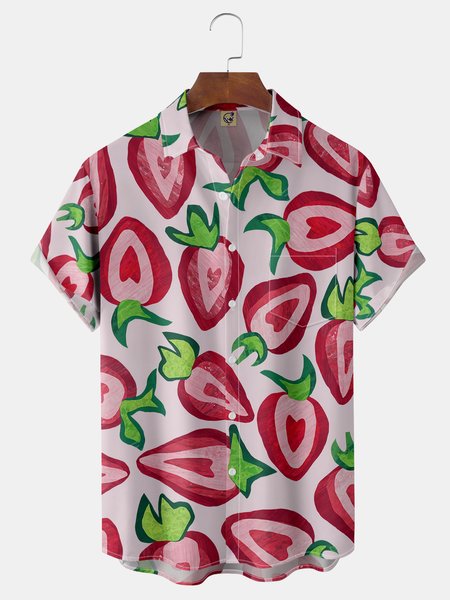 

Fruit Strawberry Chest Pocket Short Sleeve Hawaiian Shirt, Pink, Men Shirts