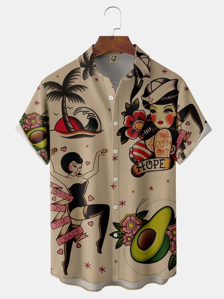 

Vintage Beauty Tattoo Chest Pocket Short Sleeve Hawaiian Shirt, Khaki, Men Shirts