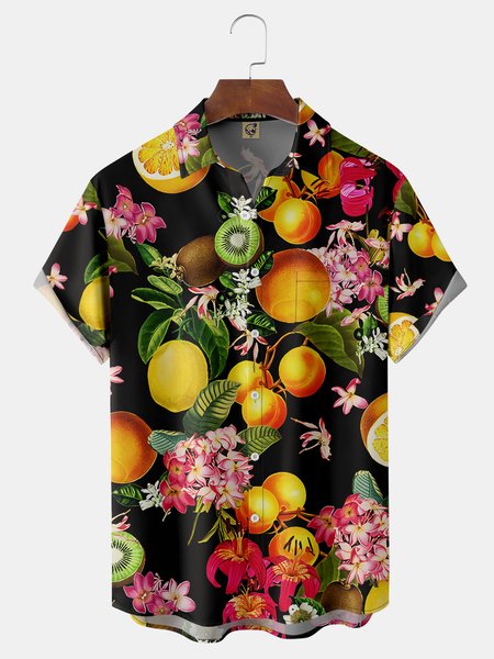 

Funky Fruits Chest Pocket Short Sleeve Hawaiian Shirt, Black, Men Shirts