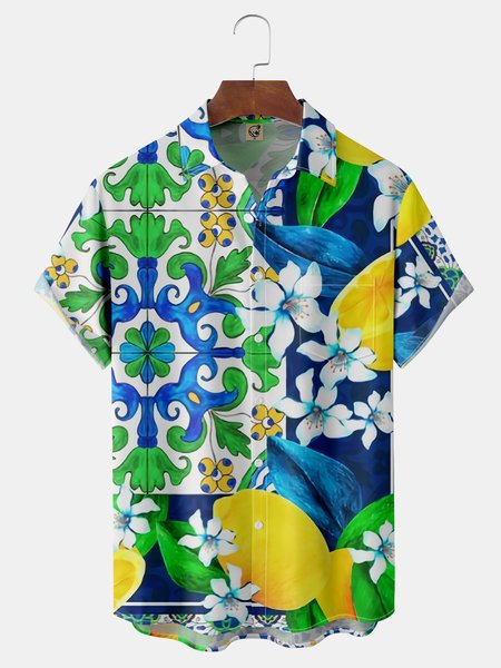 

Mediterranean Tile Lemon Chest Pocket Short Sleeve Hawaiian Shirt, Blue, Men Shirts