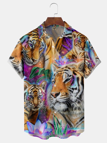 

Tigers Chest Pocket Short Sleeve Hawaiian Shirt, Orange, Men Shirts