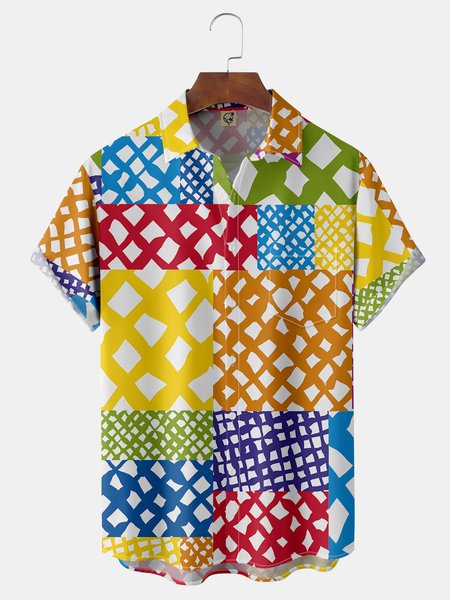 

Geometric Panel Chest Pocket Short Sleeve Casual Shirt, Yellow, Men Shirts
