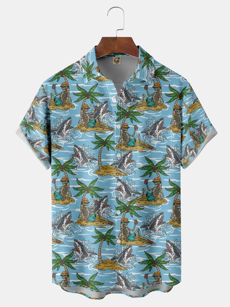 

Coconut Tree Skull Chest Pocket Short Sleeve Hawaiian Shirt, Blue, Men Shirts