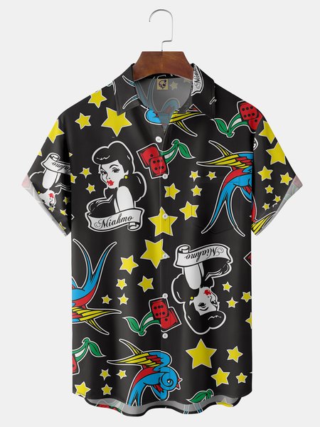 

Retro Beauty Chest Pocket Short Sleeve Hawaiian Shirt, Black, Men Shirts