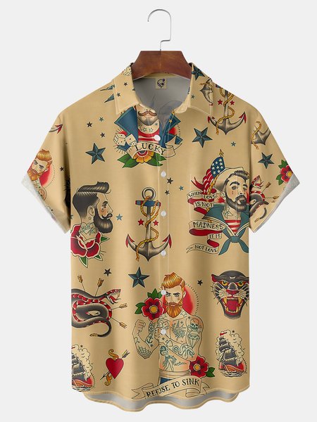 

Vintage Tattoo Chest Pocket Short Sleeve Hawaiian Shirt, Khaki, Men Shirts