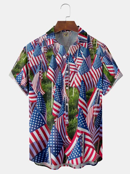 

American Flag Chest Pocket Short Sleeve Casual Shirt, Blue, Men Shirts