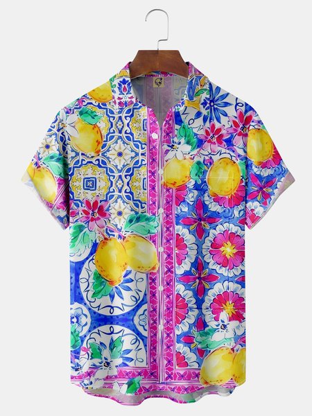 

Funky Mediterranean Tile Chest Pocket Short Sleeve Hawaiian Shirt, Pink, Men Shirts