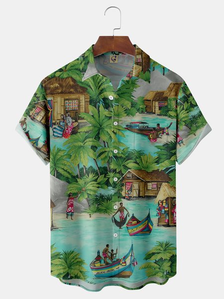 

Coconut Tree Chest Pocket Short Sleeve Hawaiian Shirt, Green, Men Shirts