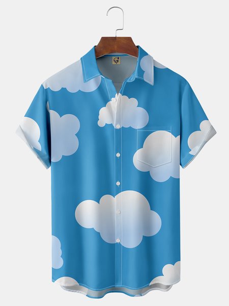 

Sky Clouds Chest Pocket Short Sleeve Casual Shirt, Blue, Men Shirts
