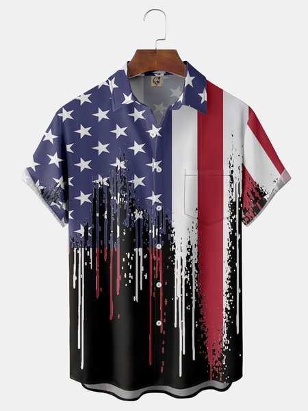 

American Flag Chest Pocket Short Sleeve Casual Shirt, Black, Men Shirts