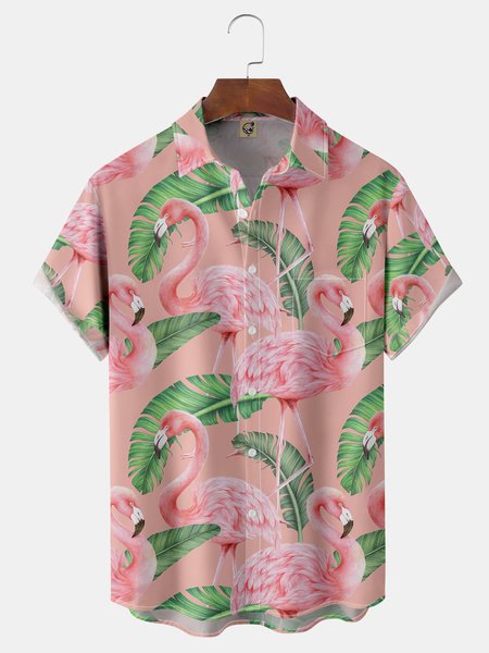 

Flamingo Chest Pocket Short Sleeve Hawaiian Shirt, Pink, Men Shirts