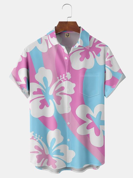 

Floral Chest Pocket Short Sleeve Hawaiian Shirt, Blue, Men Shirts
