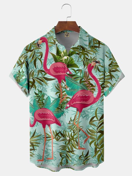 

Flamingo Chest Pocket Short Sleeve Hawaiian Shirt, Green, Men Shirts
