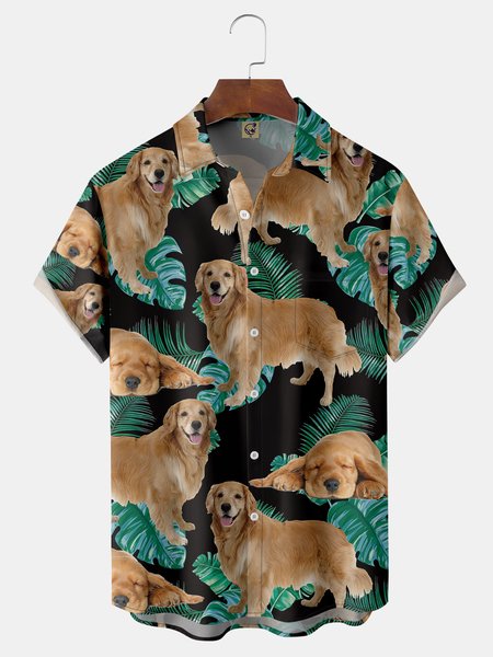 

Funny Dogs Chest Pocket Short Sleeve Hawaiian Shirt, Black, Men Shirts