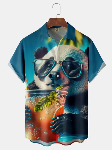 

Panda Chest Pocket Short Sleeve Hawaiian Shirt, White, Men Shirts