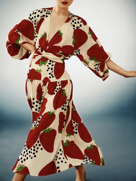 

Long sleeve Lantern Sleeve Fruit V Neck Elegant Dress, Red, Midi Dresses