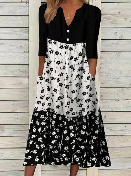 

V Neck Color Block Regular Fit Casual Dress, Black, Dresses