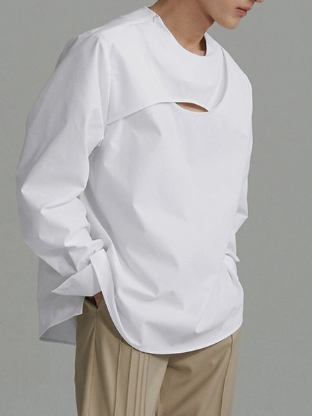 

Long sleeve Regular Fit Crew Neck Simple Top, White, Linen Tops