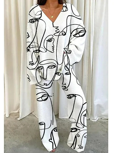 

Abstract Loose Casual V Neck Two-Piece Set, White, Suit Set
