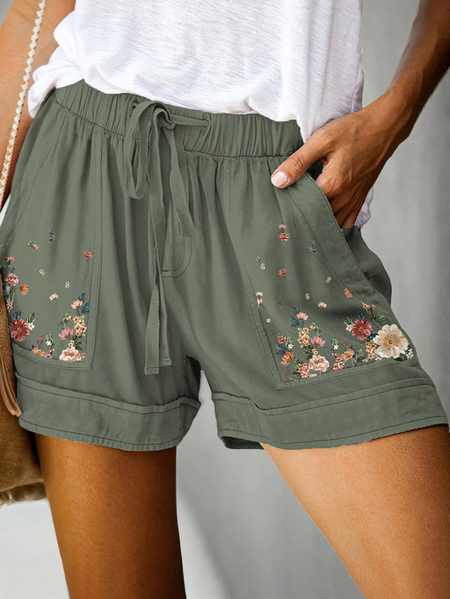 

Casual Loose Floral Casual Pants, Darkgreen, Shorts