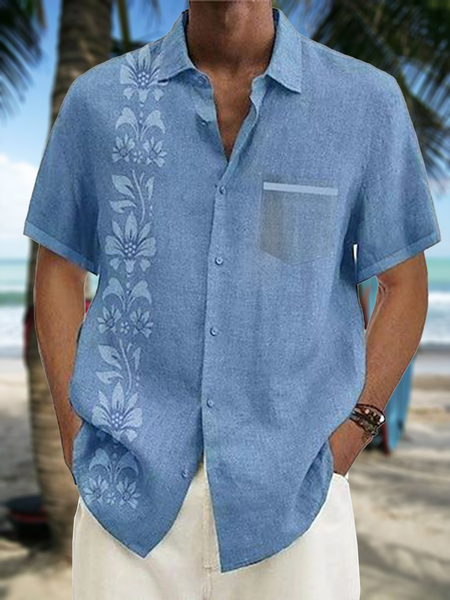 

Tropical Floral Print Short Sleeve Casual Shirt, Blue, Men Shirts