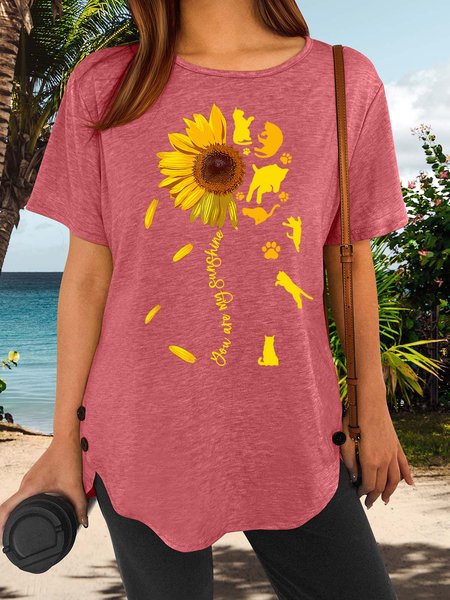 

Women’s You Are My Sunshine Cats Loose Floral Casual Crew Neck T-Shirt, Pink, T-shirts