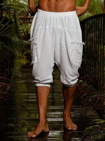 

Plain Casual Cropped Pants, White, Men's shorts
