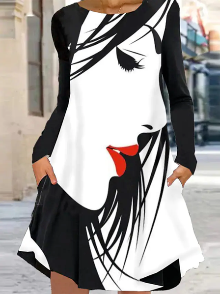 

Abstract Casual Loose Crew Neck Dress, Black, Dresses