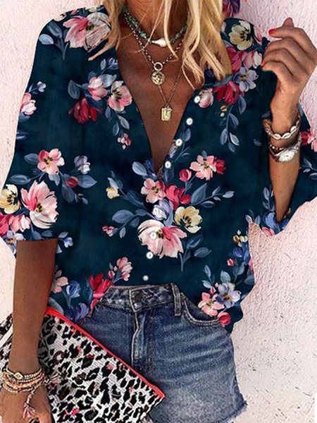 

Loose Floral Casual V Neck Top, Dark blue, Tops