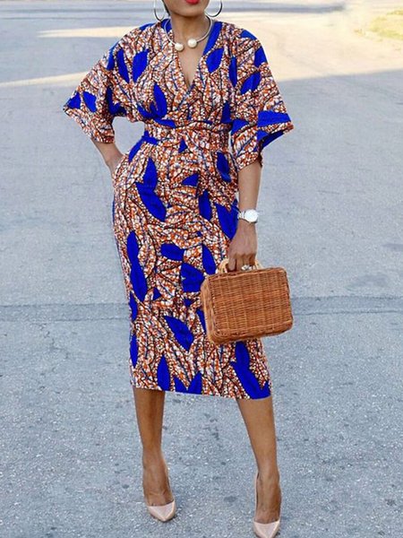 

Regular Fit Elegant Floral V Neck Dress, Blue, Midi Dresses