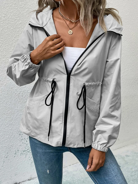 

Casual Hoodie Trench Coat, Gray, Trench Coats