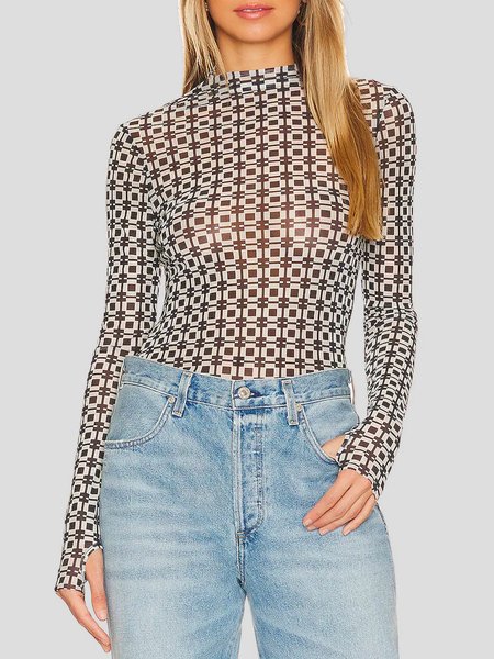

Urban Stand Collar Geometric Print T-Shirt, Black, Tees