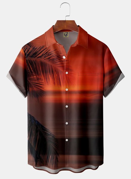 

Palm Tree Chest Pocket Short Sleeve Hawaiian Shirt, Orange red, Men Shirts