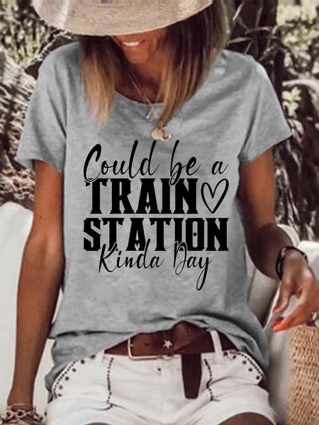 

Women's Could Be A Train Station Kinda Day Graphic Casual Loose T-Shirt, Gray, T-shirts