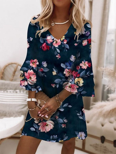 

Floral Casual Flare Sleeve Loose V Neck Dress, Navy blue, Dresses