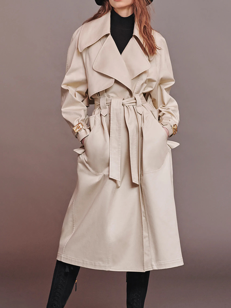 Loose Lapel Collar Plain Urban Trench Mid-long Coat, Khaki, Coats