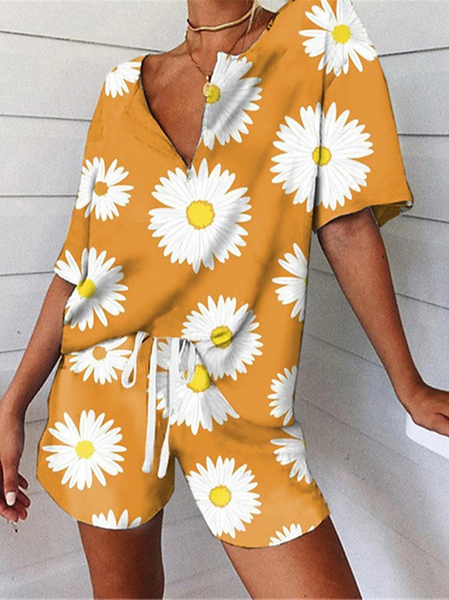 

V Neck Casual Loose Floral Two-Piece Set, Yellow, Suit Set