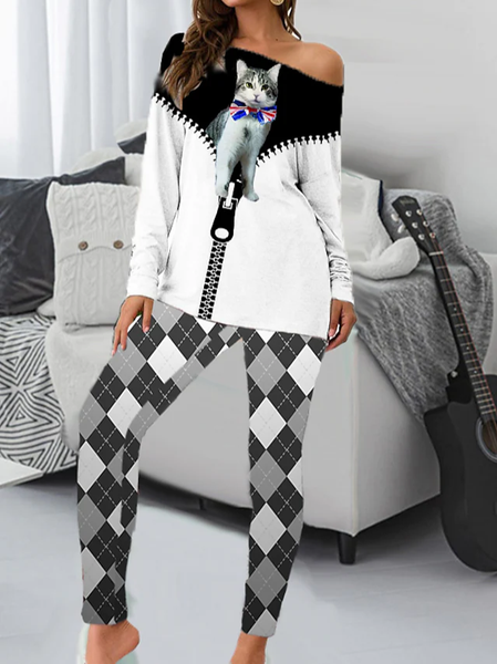 

Casual Cat Loose Cold Shoulder Two-Piece Set, White, Suit Set