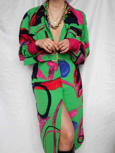

Elegant Loose Shirt Collar Abstract Long Sleeve Midi Dress, Green, Midi Dresses