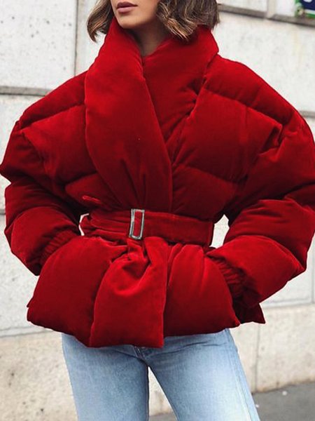 

Loose Urban Plain Fleece Coat With Belt, Red, Padded Jackets
