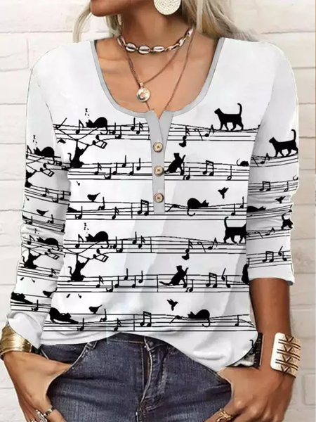 

Loose Cat Casual Crew Neck T-Shirt, White, T-Shirts