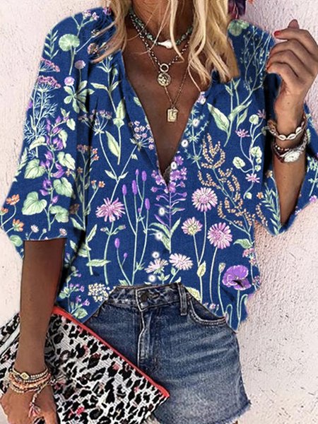 

Loose Floral V Neck Casual Top, Navy blue, Shirts & Blouses
