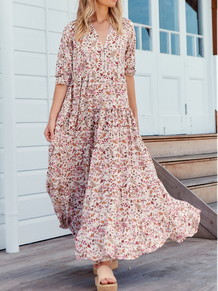 

Casual Floral V Neck Loose Flare Sleeve Dress, Pink, Maxi Dresses