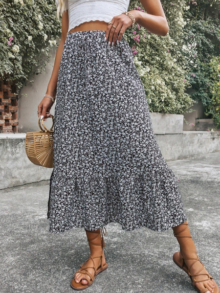 

Loose Floral Casual Skirt, Black-white, Skirts
