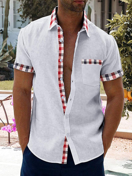 

Contrast Plaid Panel Short Sleeve Casual Shirt, White, Men Shirts