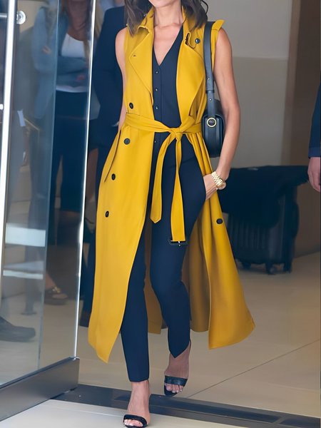 

Lapel Collar Urban Buttoned Plain Trench Coat, Yellow, Coats
